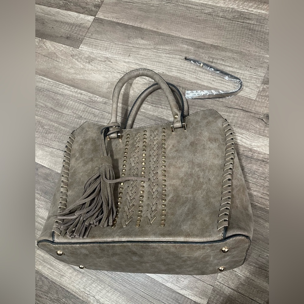 Westerncore nude tan satchel bag embellished fringe cowboy faux leather large - Picture 2 of 11